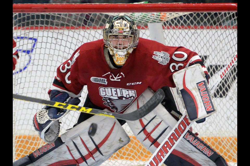 Guelph Storm goaltender Michael Giugovaz watches an incoming point shot in a game against the Saginaw Spirit Friday at the Sleeman Centre. Tony Saxon/GuelphToday
