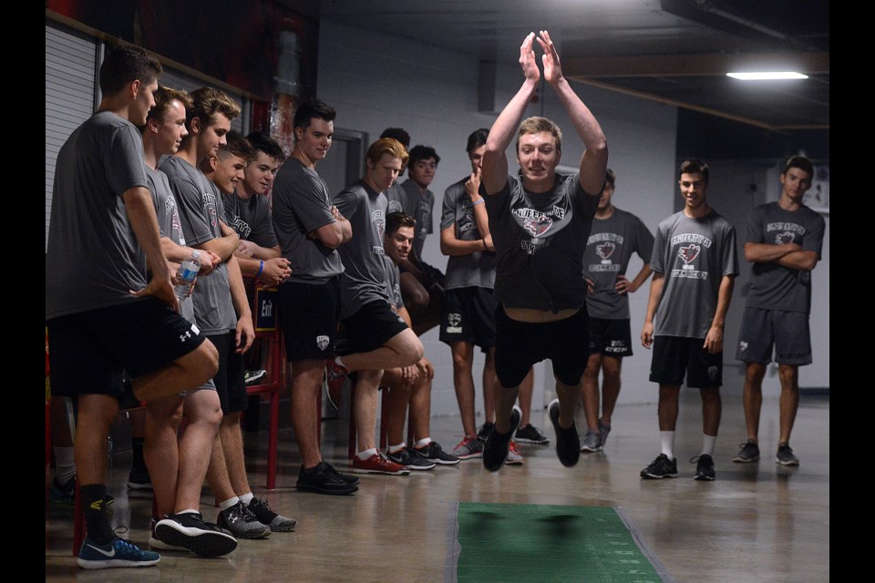Jonah Burley is watched by his teammates during fitness testing on Day 1 of the Guelph Storm's training camp Monday, Aug. 28, 2017, at the Sleeman Centre. Tony Saxon/GuelphToday