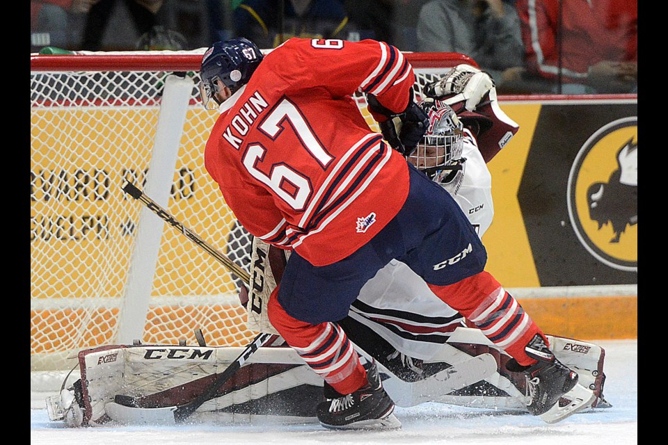 Anthony Popovich  makes a breakaway save on Ladislav Kohn of the Oshawa Generals Friday, Sept. 29, 2017. Tony Saxon/GuelphToday