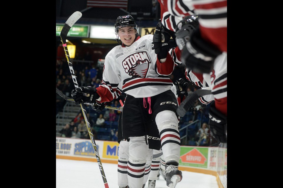 Guelph Storm rookie Tag Bertuzzi celebrates his first OHL goal Friday, Dec. 1, 2017, against the Erie Otters. Tony Saxon/GuelphToday