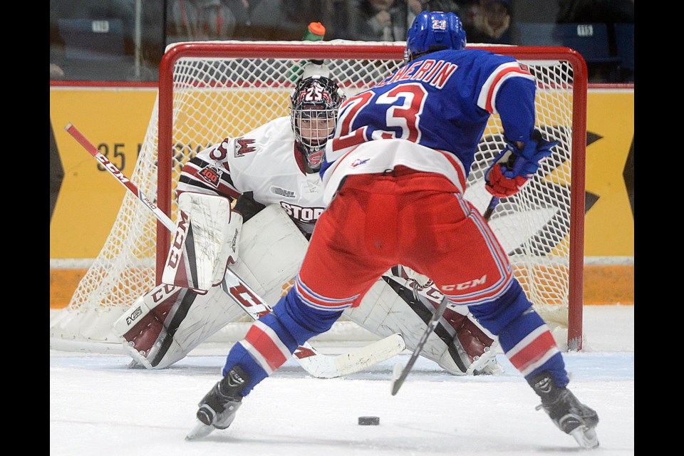 Adam Mascherin of the Kitchener Rangers breaks in all alone on Nico Daws of the Guelph Storm Sunday, Dec. 10, 2017. Tony Saxon/GuelphToday