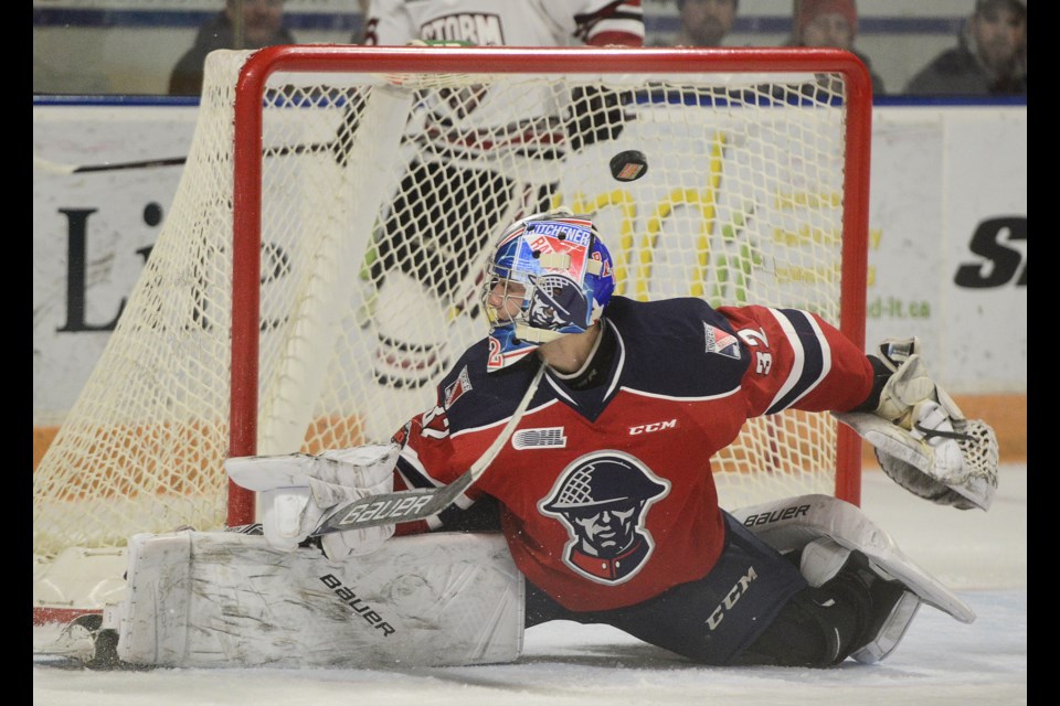 A shot rings off the post behind Kitchener Rangers goaltender Mario Culina Sunday, Jan. 21, 2018, at The Aud. Tony Saxon/GuelphToday