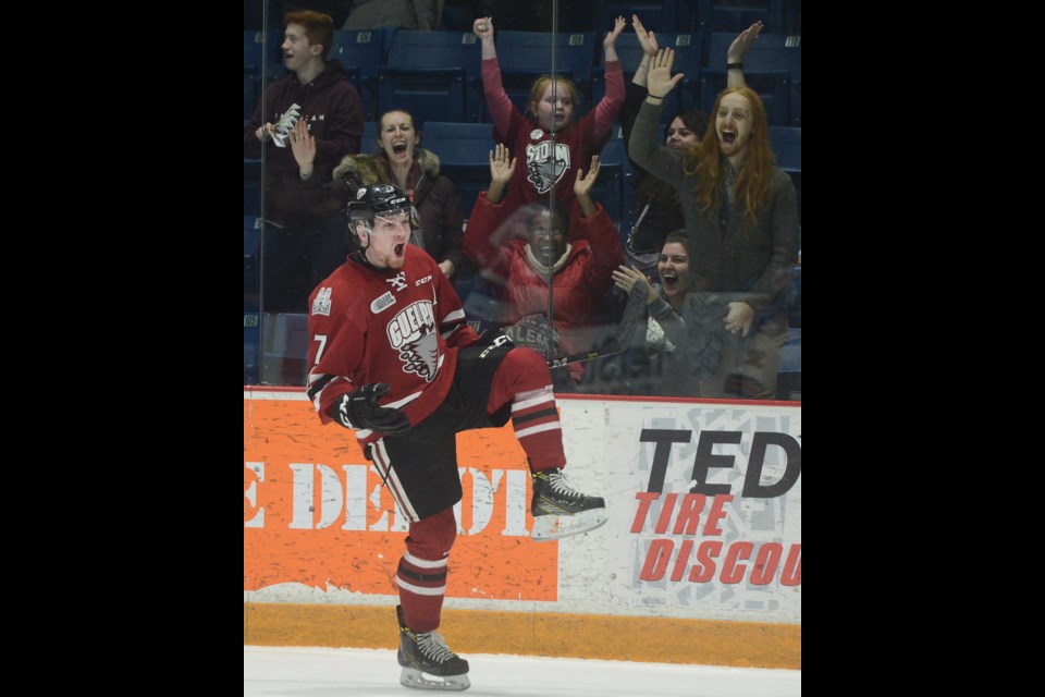 Zach Poirier of the Guelph Storm celebrates his game winning goal Tuesday, March 27, 2018, at the Sleeman Centre. Tony Saxon/GuelphToday