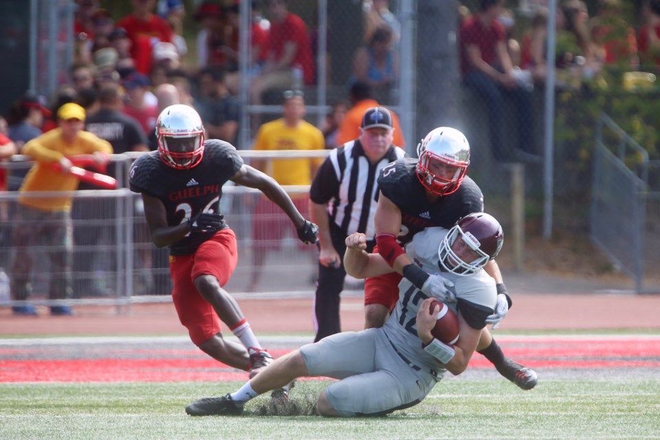 McMaster Marauders quarterback Jackson White is sacked by Guelph Gryphons players during a game Saturday at Alumni Stadium. Kenneth Armstrong/GuelphToday