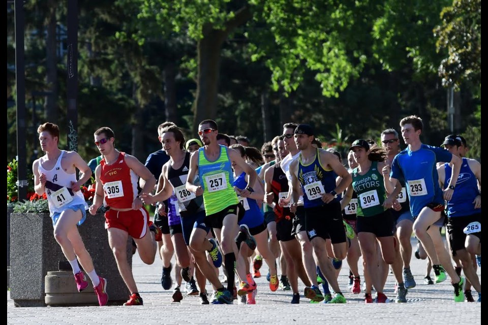 The leaders turn off Winegard Walk early in the Speed River Inferno's Campus Mile Wednesday night. Kyle Smith (299) won the race that attracted a field of 58 in 4:28.91. Rob Massey for GuelphToday