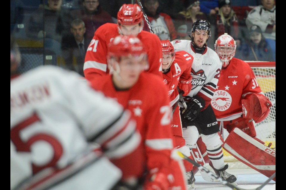 Players from both teams anticipate a point shot from Guelph defenceman Dmitri Samorukov. Tony Saxon/GuelphToday