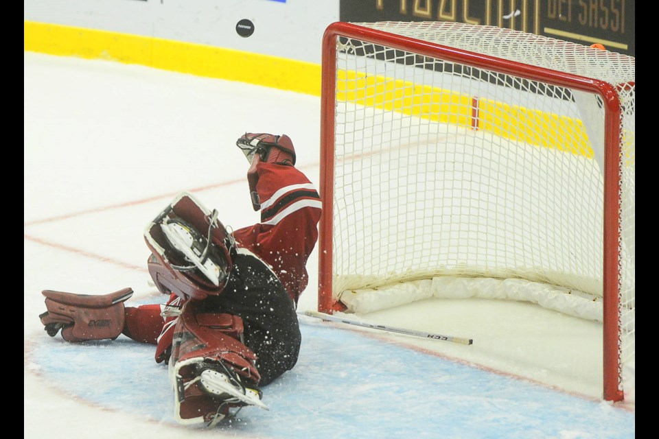 Guelph Storm goaltender Anthony Popovich makes a diving save against the Mississauga Steelheads Wednesday in Mississauga. Tony Saxon/GuelphToday