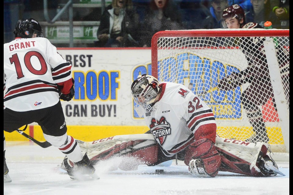 Guelph Storm goaltender Anthony Popovich makes a save Friday at the Sleeman Centre. Tony Saxon/GuelphToday