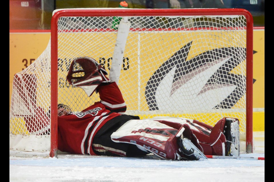 Guelph Storm goaltender Nico Daws lies on his back after being bumped into the net Monday at the Sleeman Centre. Tony Saxon/GuelphToday