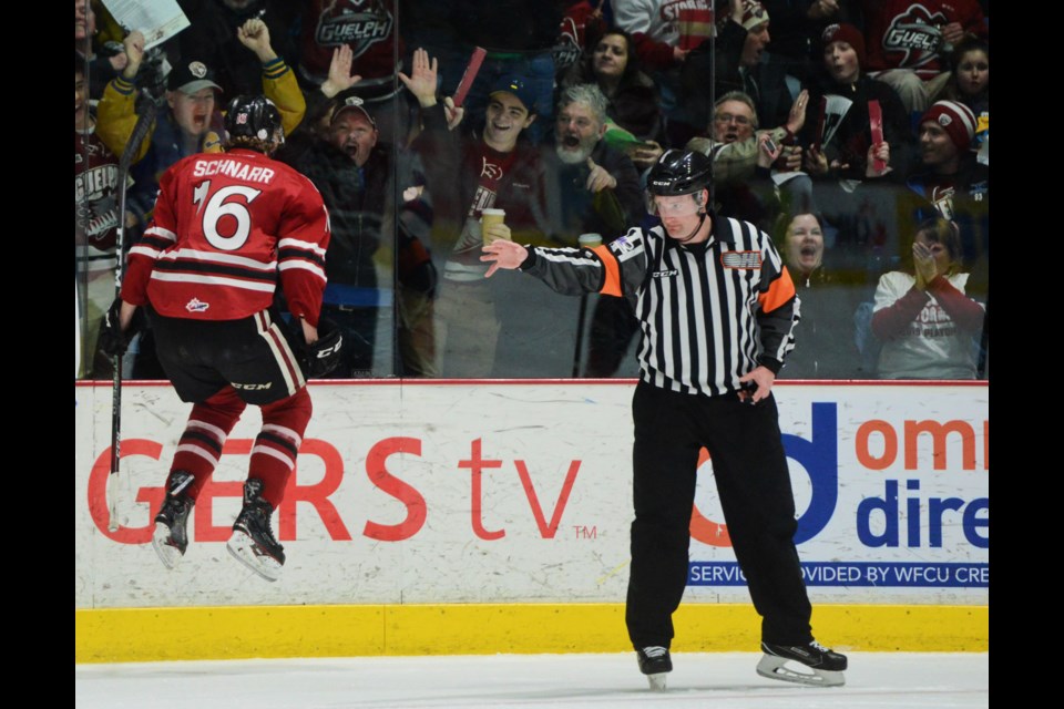 Nate Schnarr of the Guelph Storm celebrates his first period goal Friday at the Sleeman Centre. Tony Saxon/GuelphToday