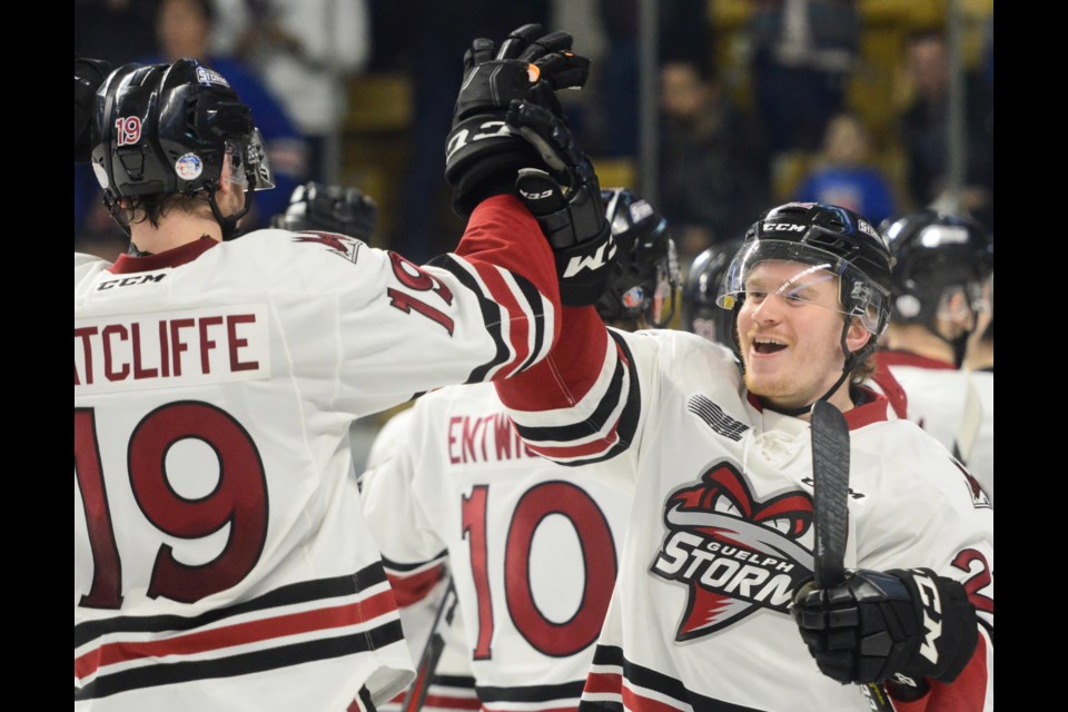 Jack Hanley celebrates after the buzzer Thursday at The Aud as the Guelph Storm swept the Kitchener Rangers in the first round of the playoffs. Tony Saxon/GuelphToday