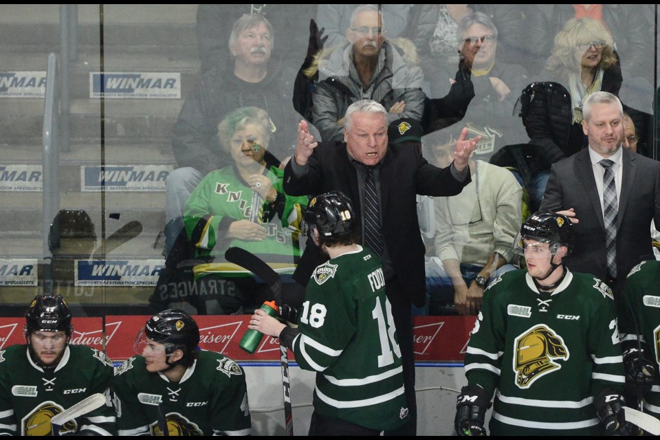 London Knights coach Dale Hunter states his case to the referee Friday night at Budweiser Gardens. Tony Saxon/GuelphToday