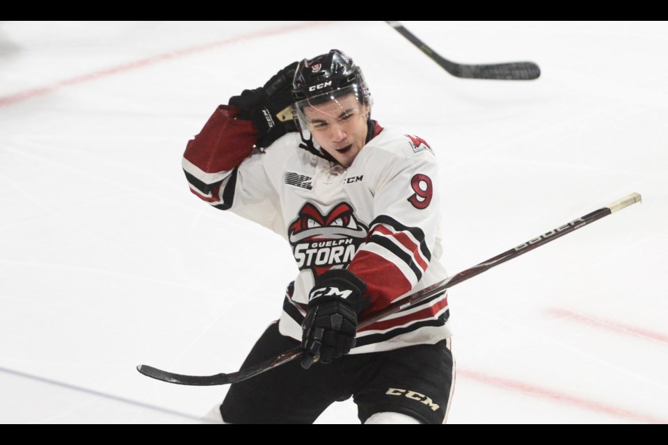 Nick Suzuki of the Guelph Storm celebrates what turned out to be the game-winning goal Friday in London. Tony Saxon/GuelphToday