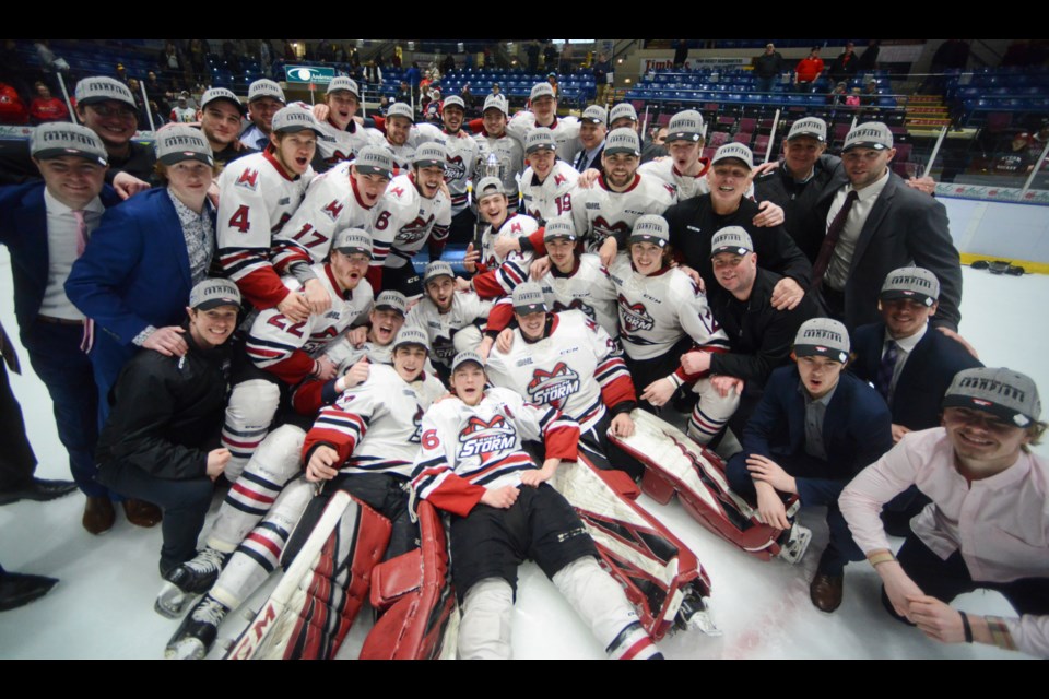 The Guelph Storm celebrate their OHL Western Conference championship Monday in Saginaw. Tony Saxon/GuelphToday