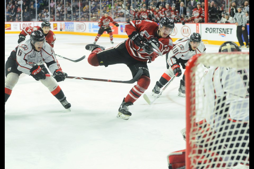 Alexey Toropchenko lets a shot go on Rouyn-Noranda goaltender Samuel Harvey. Tony Saxon/GuelphToday