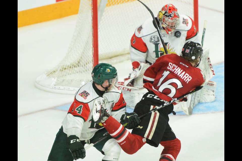 Guelph's Nate Schnarr spins and shoots on Halifax Mooseheads' goaltender Alexis Gravel. Tony Saxon/GuelphToday