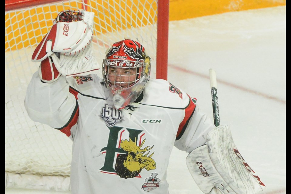 Alexis Gravel of the Halifax Mooseheads makes a glove save Wednesday at the Memorial Cup. Tony Saxon/GuelphToday