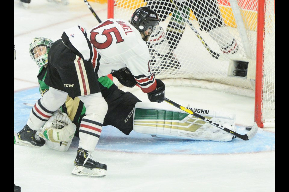 Liam Hawel looks to have a sure goal against Prince Albert Raiders goaltender Ian Scott but slid it through the crease Tuesday night at the Memorial Cup in Halifax. Tony Saxon/GuelphToday