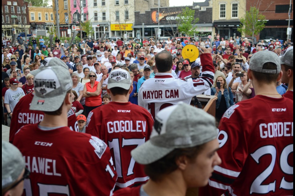 Mayor Cam Guthrie addresses the roughly 450 people who showed up to the Guelph Storm rally at Market Square on Monday. Tony Saxon/GuelphToday