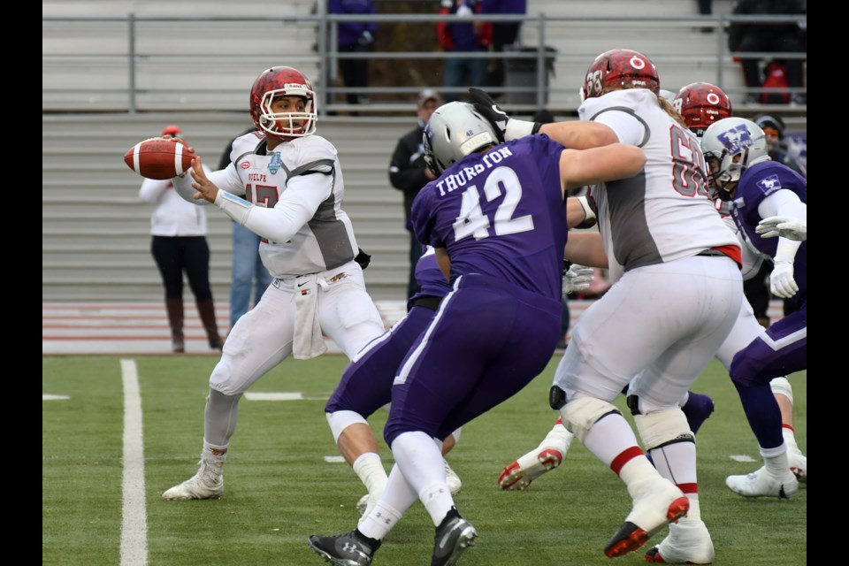 Guelph Gryphon quarterback Theo Landers (17) feels the pressure from the Westsern Mustangs defence as he looks downfield for a receiver during Saturday's Yates Cup OUA football final at London. Rob Massey for GuelphToday