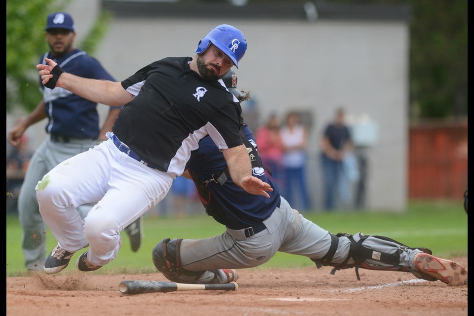 Jeff MacLeod scores the winning run against the Barrie Baycats Saturday, June 9, 2018, at Hastings Stadium. Tony Saxon/GuelphToday