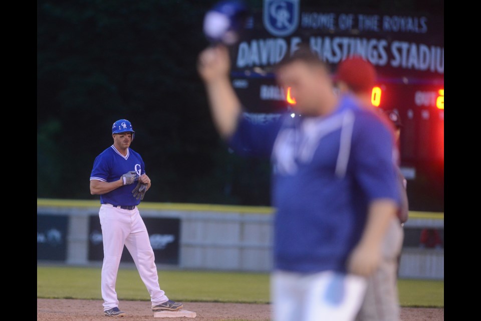 Sean Reilly of the Guelph Royals stands on second base after recording the 900th hit of his Intercounty Baseball League career Tuesday at Hastings Stadium. Tony Saxon/GuelphToday