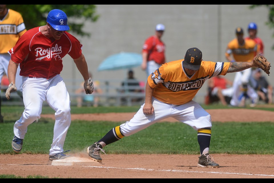 Guelph Royals baserunner Sean Reilly is out on a close play at first base against the Burlington Herd Saturday at Hastings Stadium. Tony Saxon/GuelphToday