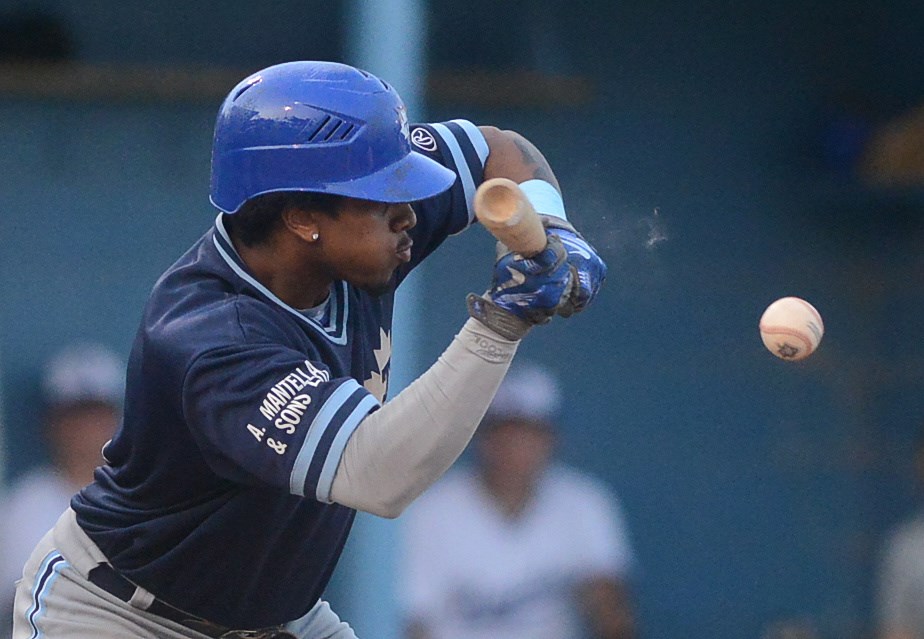 Connor Lewis of the Toronto Maple Leafs bunts a ball during action at Hastings Stadium Tuesday. Tony Saxon/GuelphToday