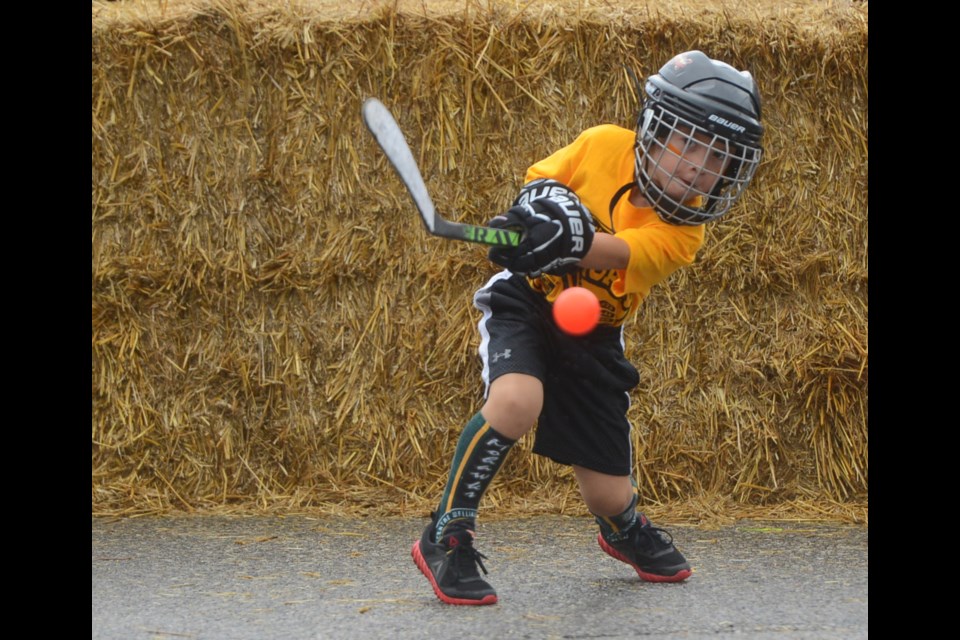 A young player fires the ball while playing in the McGinn Brothers Big Game Friday, Aug. 17, 2018, in downtown Fergus. Tony Saxon/GuelphToday