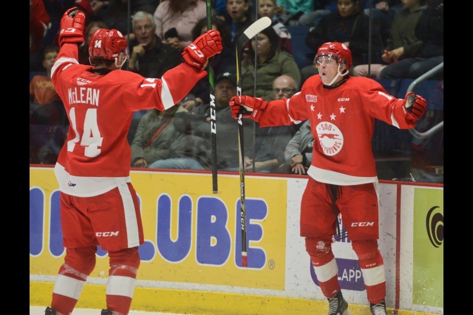 The Soo Greyhounds' Marc Boudreau reacts after opening the scoring Friday night at the Sleeman Centre. Tony Saxon/GuelphToday