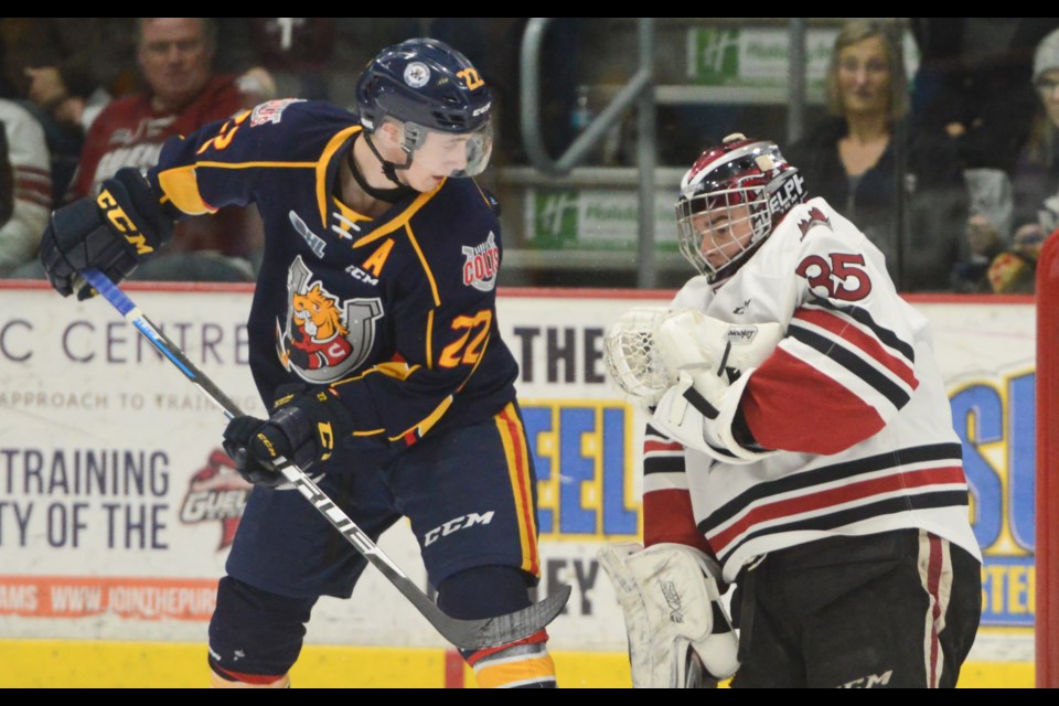 Nico Daws makes a save with Barrie Colts forward Luke Bignell on his doorstep. Tony Saxon/GuelphToday