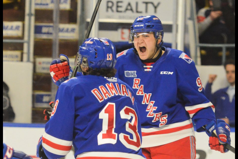 The Kitchener Rangers' Jonathan Yantsis reacts to what proved to be the game-winning goal by teammate Riley Damiani Sunday at The Aud. Tony Saxon/GuelphToday