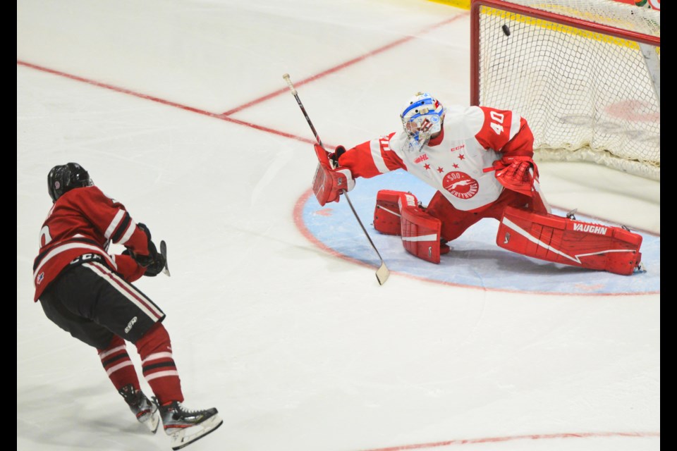 Danny Zhilkin fires home the game winning goal past Sault Ste. Marie Greyhounds goaltender Bailey Brkin in the eighth round of the shootout Monday at the Sleeman Centre. Tony Saxon/GuelphToday