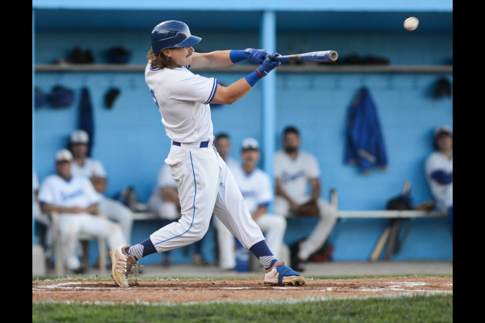 Conner Morro of the Guelph Royals connects for a double against the Barrie Baycats Tuesday at Hastings Stadium.