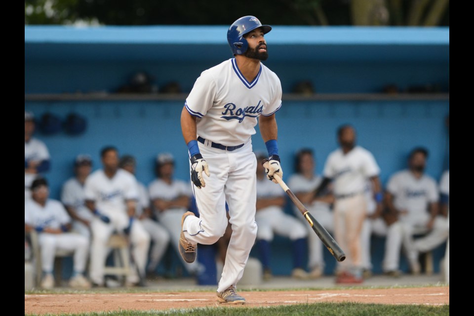 Dalton Pompey of the Guelph Royals watches his fly ball against the Brantford Red Sox Saturday at Hastings Stadium.