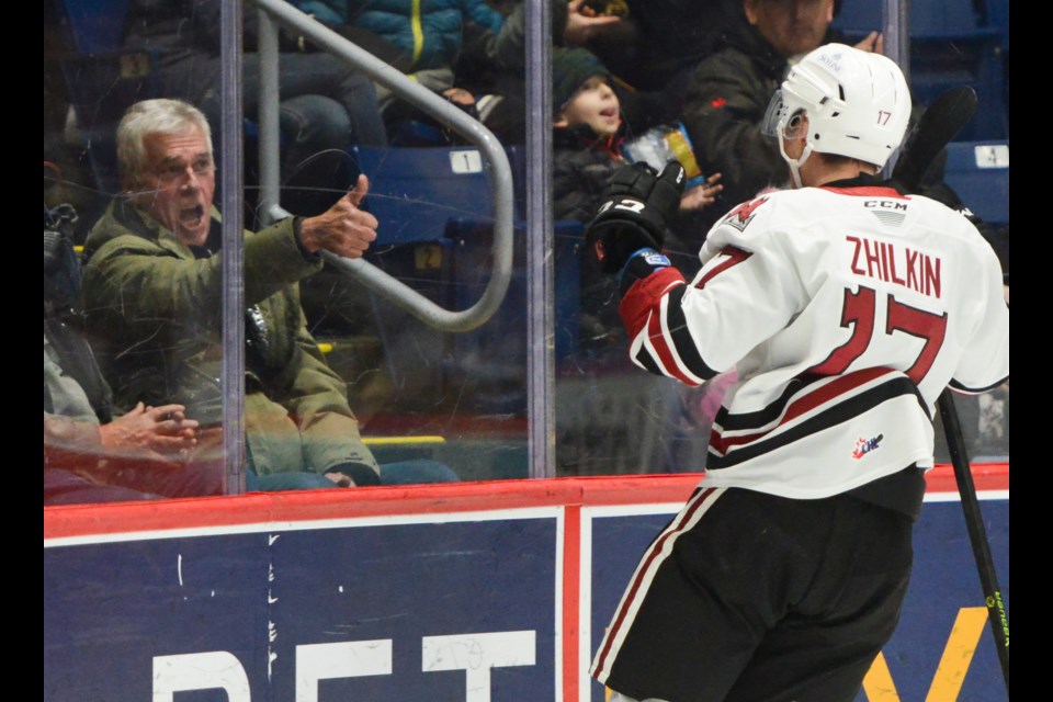 A fan gives the Guelph Storm's Danny Zhilkin the thumbs up after his first period goal Friday at the Sleeman Centre against Erie.