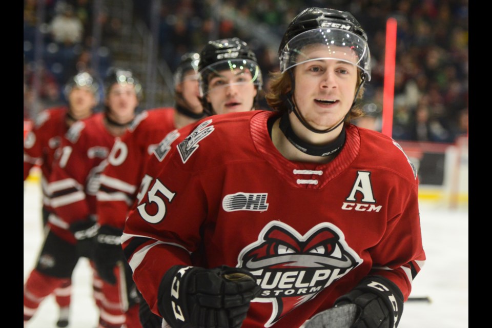 Braeden Bowman heads back to the Guelph Storm bench after opening the scoring against the London Knights Sunday afternoon at the Sleeman Centre.