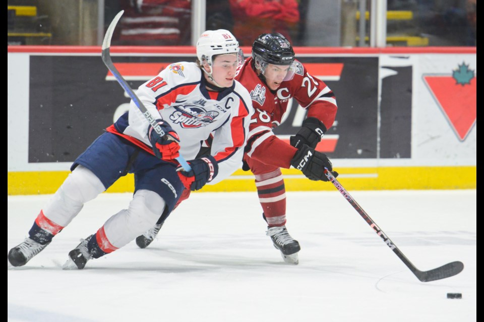 Windsor's Daniel Maggio and the Guelph Storm's Cooper Walker battle for the puck Friday night at the Sleeman Centre.