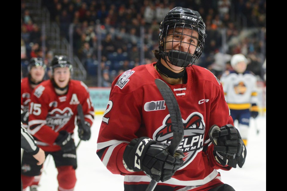 Guelph Storm defenceman Zack Sandhu is all smiles after scoring against the Erie Otters Friday at the Sleeman Centre.