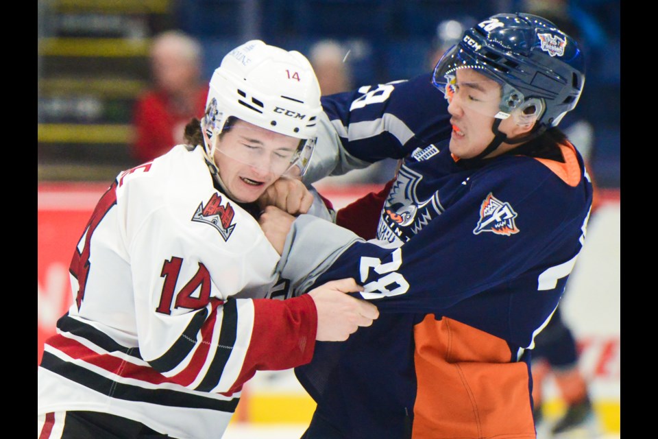 The Guelph Storm's Hunter McKenzie, left, and the Flint Firebirds' Matthew Wang fight in the first period Friday at the Sleeman Centre.