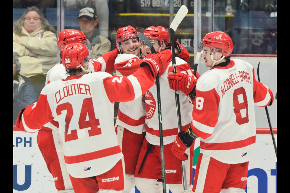 Sault Ste. Marie players celebrate a second period goal against the Guelph Storm.