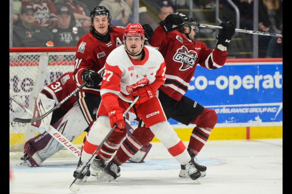 The Soo's Julian Fantino parks himself in front of the Guelph net.