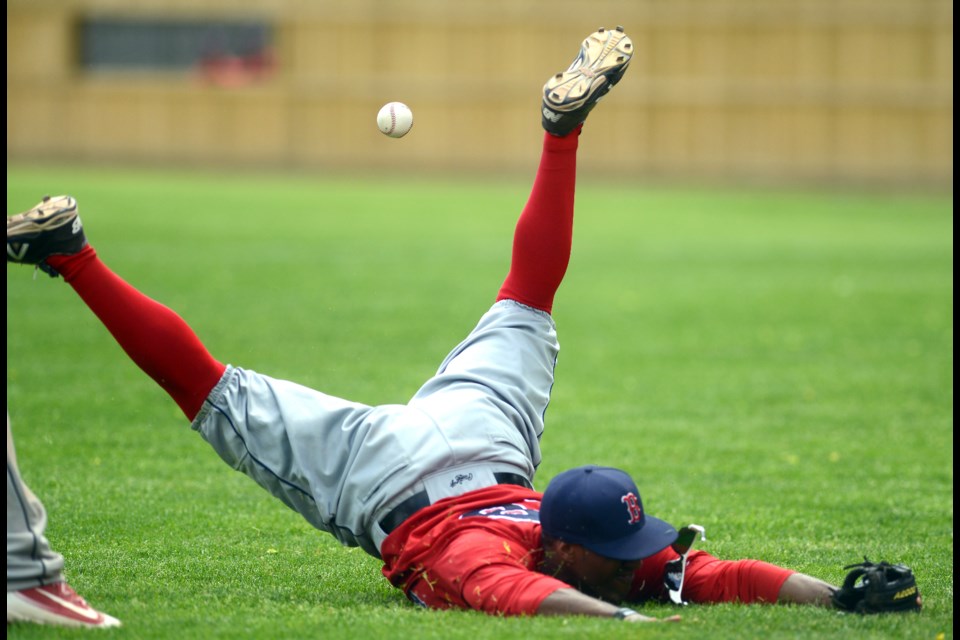 Benjamin Bostick of the Brantford Red Sox just misses making a diving catch on a foul ball against the Guelph Royals at Hastings Stadium Saturday, May 28, 2016. Tony Saxon/GuelphToday