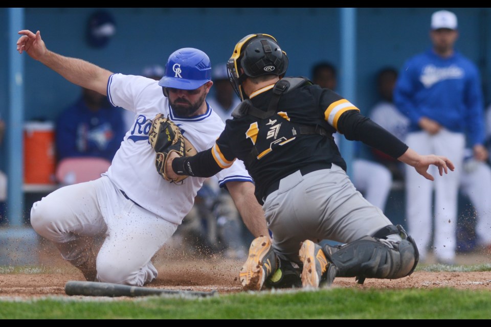 Guelph Royals baserunner Jeff MacLeod is tagged out at home plate by Kitchener Panters catcher Mike Gordner. Tony Saxon/GuelphToday