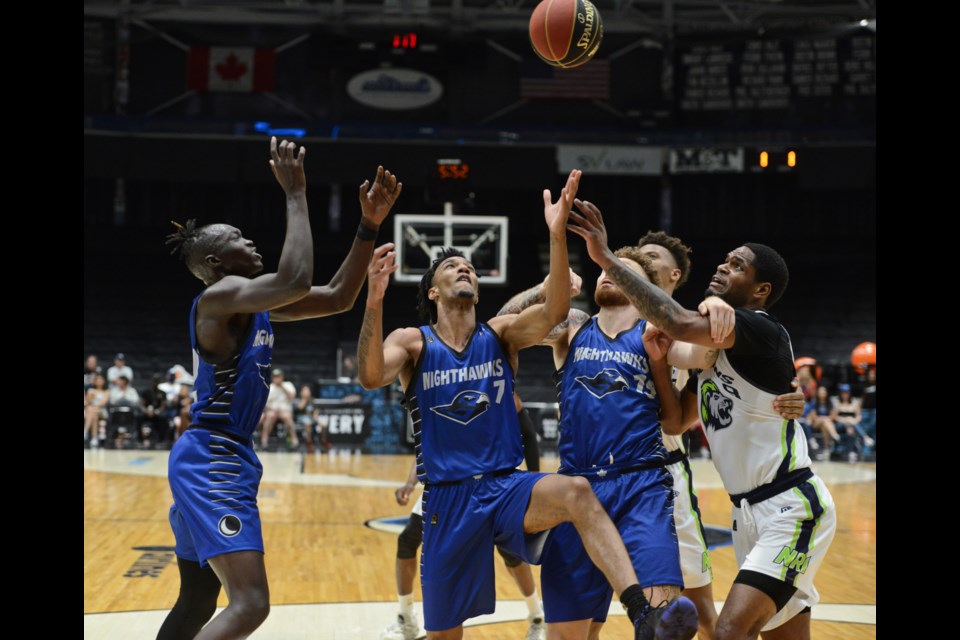 All eyes are on a rebound underneath the Niagara River Lions basket Tuesday at the Sleeman Centre.