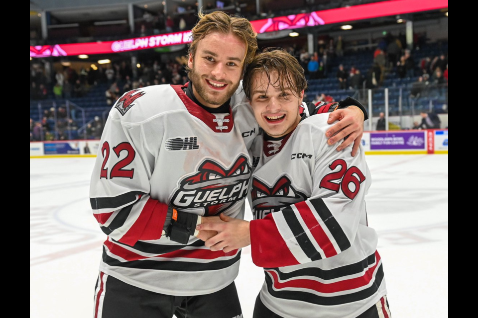 Tommy Budnick, left, and Max Namestnikov. Guelph Storm photo