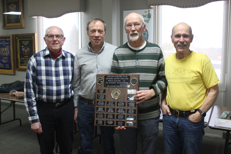 For the Guelph Curling Club Trophy -  The winning team was (l-r) Tom Beale (Vice), Ford Papple (Lead)), Doug Lane (Skip), and Rick Avery (Second).