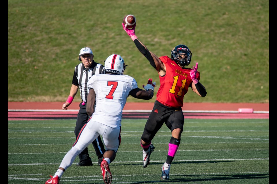 Quarterback Jake Helfrich (11) of the Guelph Gryphons gets set to launch a pass while Ifenna Onyeka (7) of the Carleton Ravens closes in during OUA football play Saturday at Alumni Stadium. The Gryphons had more than 400 yards of total offence, but fell 35-24 in their final game of the season.