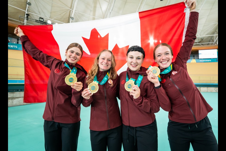 Team Canada, featuring Guelph's Kiara Lylyk, left, ride to the gold in the women’s team pursuit during the Pan Am Games in Santiago, Chile on October 25, 2023.