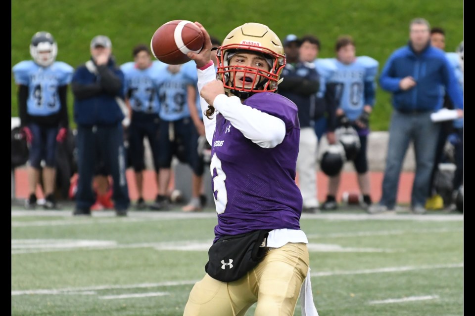 Quarterback Daniel Brown of the Centennial Spartans looks downfield for a receiver during District 10 football play last fall. Brown was named the winner of the Nick FitzGibbon Award as the most outstanding player in the local high school football league. Rob Massey for GuelphToday